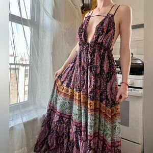Floral Pink Multi-Print Tiered Maxi Dress with Plunge Neck